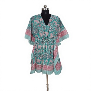 Handmade Cotton Block Printed Floor-Length <b>Kaftan</b> Women Floral Boho Style Summer Cover Swimwear Comfortable <b>Plus</b> <b>Size</b> Bridal - Product Image 1