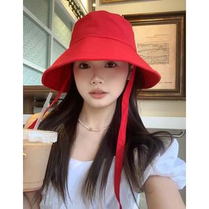 Mignon Coréen Inspiré <span class=keywords><strong>Petit</strong></span> Chaperon Rouge Seau Chapeau Mince Parasol Grand Bord Été Respirant Protection Solaire Style Pêcheur - Product Image 3