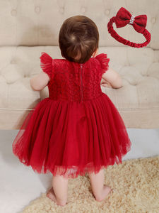 Abito da Battesimo Ricamato per Bambina 0-2 Anni, Vestito Rosso Vaporoso e Bellissimo per Feste di Compleanno - Product Image 5