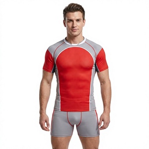 Maillot de football sublimé imprimé sur le devant rouge et gris pour homme, manches courtes, ajusté, anti-humidité, respirant, personnalisable pour équipe/joueur - Product Image 1