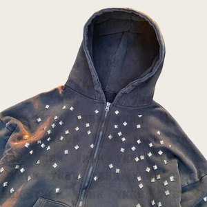 TKAN380 OEM Custom Streetwear Cropped Men Regular Fit Hoodie 100% Cotton French Terry Embroidered <b>Rhinestone</b> Zipper <b>Jacket</b> - Product Image 4