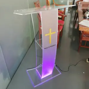 Podium en acrylique transparent à montage facile pour plancher avec dos ouvert et étagère en verre Podium de chaire d'église