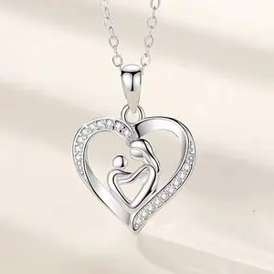 Mother's Day gift 18K Gold Plated Mother and Child Love Heart Pendant Necklace Silver I Love You Hug and Kiss MAMA Necklace