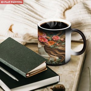 Frosted Black 11oz <b>Ceramic</b> <b>Mug</b> Heat Changing Cup With Floral Art Design For Housewarming Gift - Product Image 3