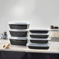 Boîte alimentaire jetable rectangulaire noire en PP, imprimée sur mesure, à faible MOQ, avec couvercle transparent anti-fuite, pour repas occidentaux