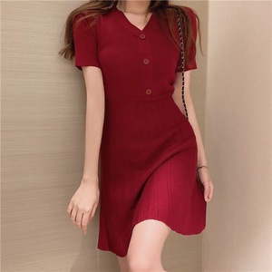 Vestidos <span class=keywords><strong>de</strong></span> punto con cuello en V, vestidos holgados <span class=keywords><strong>de</strong></span> manga corta para mujer, <span class=keywords><strong>vestido</strong></span> midi con volantes - Product Image 2