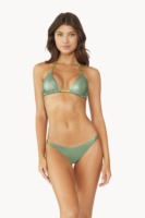 Ensembles de bikinis 2 pièces sur mesure pour femmes en Repreve, vert olive, satiné brillant, avec accessoires anneau doré, coupe haute, pour la plage, vente en gros