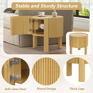 Modern <b>Round</b> Fluted <b>Side</b> <b>Table</b> with Storage for Living Room Rubber Solid Wood Soft-close Door Adjustable Height - Product Image 5