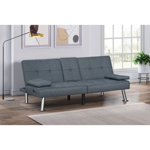 Modern Gray Fabric Convertible Futon <b>Sofa</b> <b>Bed</b> Set with USB Ports Drop-Down Cupholders Apartment & Hotel Living Room Furniture - Product Image 1