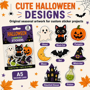 Autocollants d'Halloween Lumineux de Nuit Imperméables Découpés sur Mesure avec Logo Personnalisé, Motifs Chat et Chapeau de Sorcière, pour Scrapbooking et Fêtes - Product Image 2