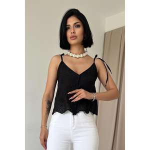 Blusa Negra con Cordones y Cuello Halter para Mujer, Estilo Bohemio, Transparente, para Uso Diario - Product Image 4