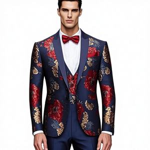 Jacquard Sui Plus Size Hot Fashion Slim Fit <b>Blazer</b> Classic Printing 3 Pcs <b>Set</b> Wedding Formal Peaked Lapel Men's Suit Button Fly - Product Image 3