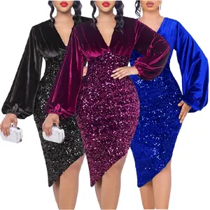 latest New Design stylish V Neck puff Long Sleeve Shiny chic elegant Women Party Sequin High Waist Mid Length Evening Dresses