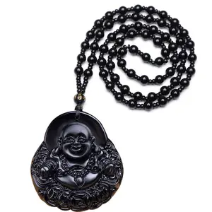 SC 2022 Natural rainbow Obsidian happy laugh buddha Necklace black obsidian necklace Amulet Pendant with Adjustable Bead Chain