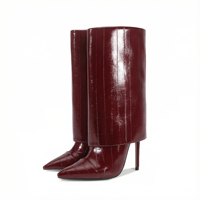 Bottines d'hiver à bout pointu et à mollet large pour femmes Bottes de requin repliées en PU noir pour tenues élégantes