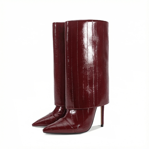 Bottines d'hiver à bout pointu et à <span class=keywords><strong>mollet</strong></span> <span class=keywords><strong>large</strong></span> pour femmes <span class=keywords><strong>Bottes</strong></span> de requin repliées en PU noir pour tenues élégantes - Product Image 2