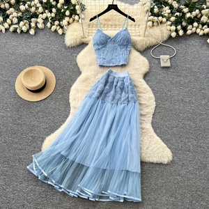 2026 Summer 2 Piece Set for Women Top and High Waist <b>Patchwork</b> Mesh <b>Skirts</b> Set - Product Image 2