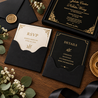 Suite d'invitations de mariage de luxe noire et or en acrylique moderne avec feuille d'or et velours, faible MOQ, boîte à cartes d'invitation personnalisée
