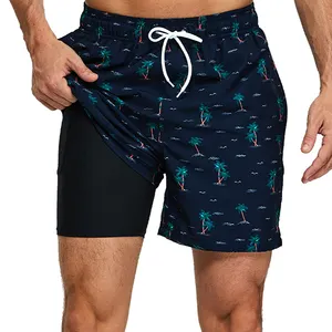 Men's Swim Trunks With Compression Liner Quick Dry Bathing Suit 5 Inch Inseam Beach Swim Shorts