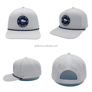 Gorras de béisbol blancas personalizadas de 5 paneles con parche de goma PVC, logotipo impermeable, corte láser, perforadas, transpirables, con cuerda. - Product Image 2