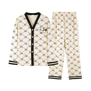 Ensemble de pyjama pour femmes PJ-1460, manches longues, col en V, en coton tricoté, vêtements de nuit pour la maison - Product Image 5