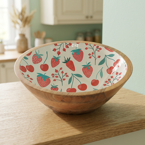 Tazón de madera con diseño de fresas hecho a mano para frutas y aperitivos, decoración del hogar, diseño lindo, ecológico, para camping, personalizado, reutilizable - Product Image 1