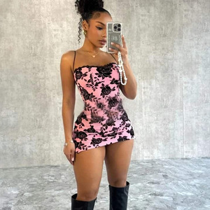 Mini Vestido con estampado de flores, encaje recortado para mujer, impresionante estética, elegante, sin mangas, vestidos de noche, Vestido femenino - Product Image 4