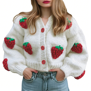 Cardigan in <span class=keywords><strong>Maglia</strong></span> con Motivo Fragola OEM, Maglione da <span class=keywords><strong>Donna</strong></span> Autunno/Inverno con <span class=keywords><strong>Scollo</strong></span> a <span class=keywords><strong>V</strong></span> e Maniche a Lanterna, Cappotto Imbottito - Product Image 1
