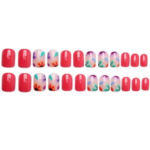 Uñas Postizas Cortas Rojas con Forma de Elipse, Hechas a Mano, Estilo INS, con Diseño Floral para los Dedos - Product Image 4