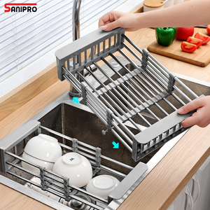 SANIPRO <strong>Kitchen</strong> Organizer Rustproof <strong>SS</strong> Extendable Fruits Vegetables Drain Basket Over the Sink Dish Drainer Drying <strong>Rack</strong> - Product Image 1