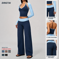 Ensemble de fitness 3 pièces pour femme : haut à manches longues à trou pour le pouce, col halter et col en V, color block, legging taille haute effet ventre plat, séchage rapide
