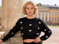 Pull en tricot à motif cœur pour femme, col ras du cou, manches longues, décontracté, mignon, coupe courte