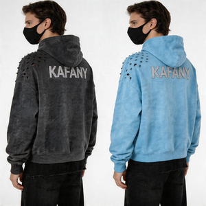 Felpa con Cappuccio da Uomo Personalizzata Blu Azzurro con Effetto Lavato e Lettere Bianche in Rilievo, Produzione in Serie - Product Image 2