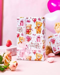 Romantic Valentine's Day <b>pink</b> double-sided cute little <b>bear</b> gift with heart pattern copperplate paper gift wrapping paper - Product Image 1