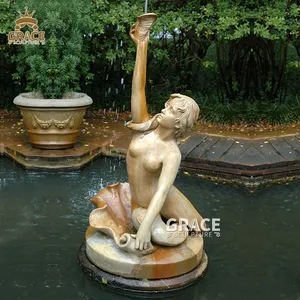 貝殻の噴水に座っている大きなサイズの裸の女性像ブロンズキャスト噴水