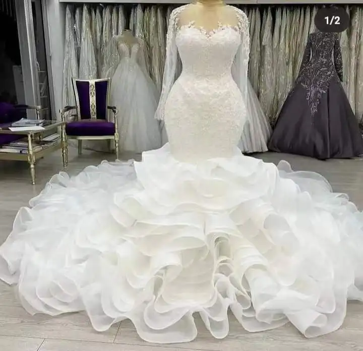 2024 mới cộng với kích thước ruffles Nàng Tiên Cá váy cưới dài tay áo ren appliqued Bead tầng váy Châu Phi áo cô dâu