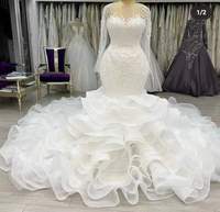 Nouvelles Robes de Mariée Sirène Grandes Tailles 2024 à Volants Manches Longues Appliques Dentelle Perles Jupes Étagées Robes de Mariée Africaines