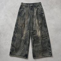 TaiDe Custom Design Mud Wash Baggy Wide Leg Jeans Zip Pocket Embroidery Applique Graphic OEM ODM Bulk Supplier Clothing Factory
