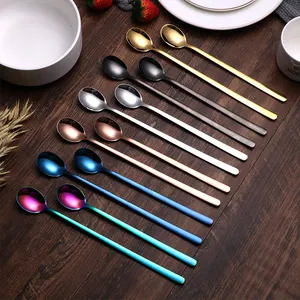 Bulk metal spoons multicolor long handle mixing spoon gold stainless steel spoon