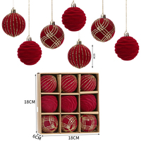 Juego de 9 Bolas de Navidad Rojas de Terciopelo de 6 cm, Adornos con Purpurina y Hilo Dorado para Decoración Navideña del Hogar