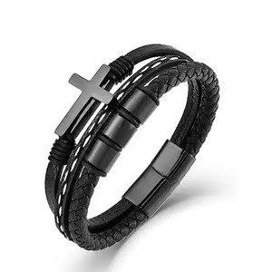 Cross <b>Leather</b> <b>Bracelet</b> Men's Black Braided Genuine <b>Leather</b> With Cross Pendant Everyday Wear Jewelry YM-0016 - Product Image 4