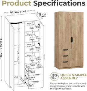 Armoire Moderne en Bois avec 3 Tiroirs, Dimensions: 176X80X52 Cm, Finition Chêne - Product Image 5