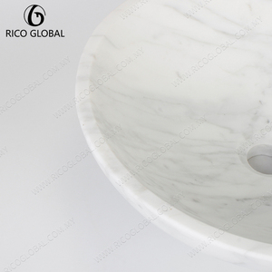 Lavabo RICO GLOBAL rond en marbre, finition blanc poli, à poser, design contemporain, avec trou unique pour robinet - Product Image 3
