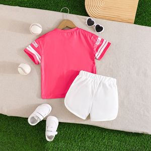 Conjunto Deportivo Elegante para Niñas No. Conjunto de <span class=keywords><strong>Boutique</strong></span> para Niños Pequeños: Camiseta Rosa Estampada de Manga Corta + Pantalones Blancos, Estilo Occidental - Product Image 2