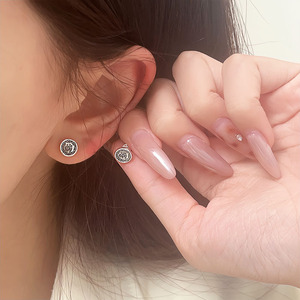S925 Sterling <b>Silver</b> Round <b>Stud</b> Earrings With Tibetan Character Design For Everyday Wear - Product Image 1