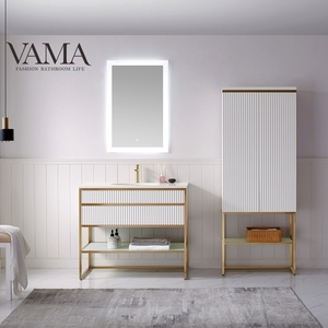 VAMA-mueble <span class=keywords><strong>de</strong></span> baño <span class=keywords><strong>de</strong></span> cuarzo blanco brillante para hotel, mueble <span class=keywords><strong>con</strong></span> estante <span class=keywords><strong>de</strong></span> vidrio y base <span class=keywords><strong>de</strong></span> metal ss dorado, 40 pulgadas - Product Image 1