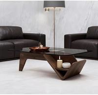 Table basse en verre trempé avec base en bois, table à thé minimaliste scandinave pour salon