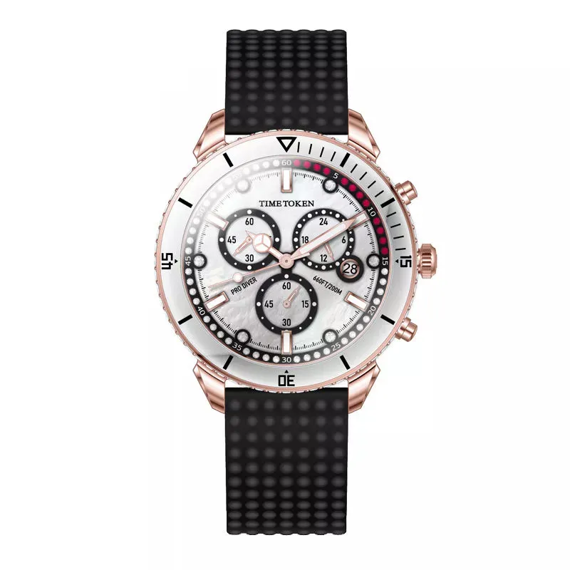 Time Token Top Quality Men's Watch Waterproof Black Silicone Strap 200m Dive Chronograph Luminous Men Quartz Watch