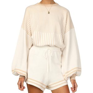 FOXA Women's Striped <b>Knit</b> Sweater Shorts <b>Set</b> Long Puff Sleeve Casual Outfit Breathable Polyester Cotton - Product Image 1