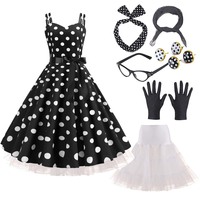 1950s 60s Karneval Kostüm Set Frauen Polka Dot 1950er Jahre Kleid Kostüm Mit 65cm Unterrock YTHC-010
